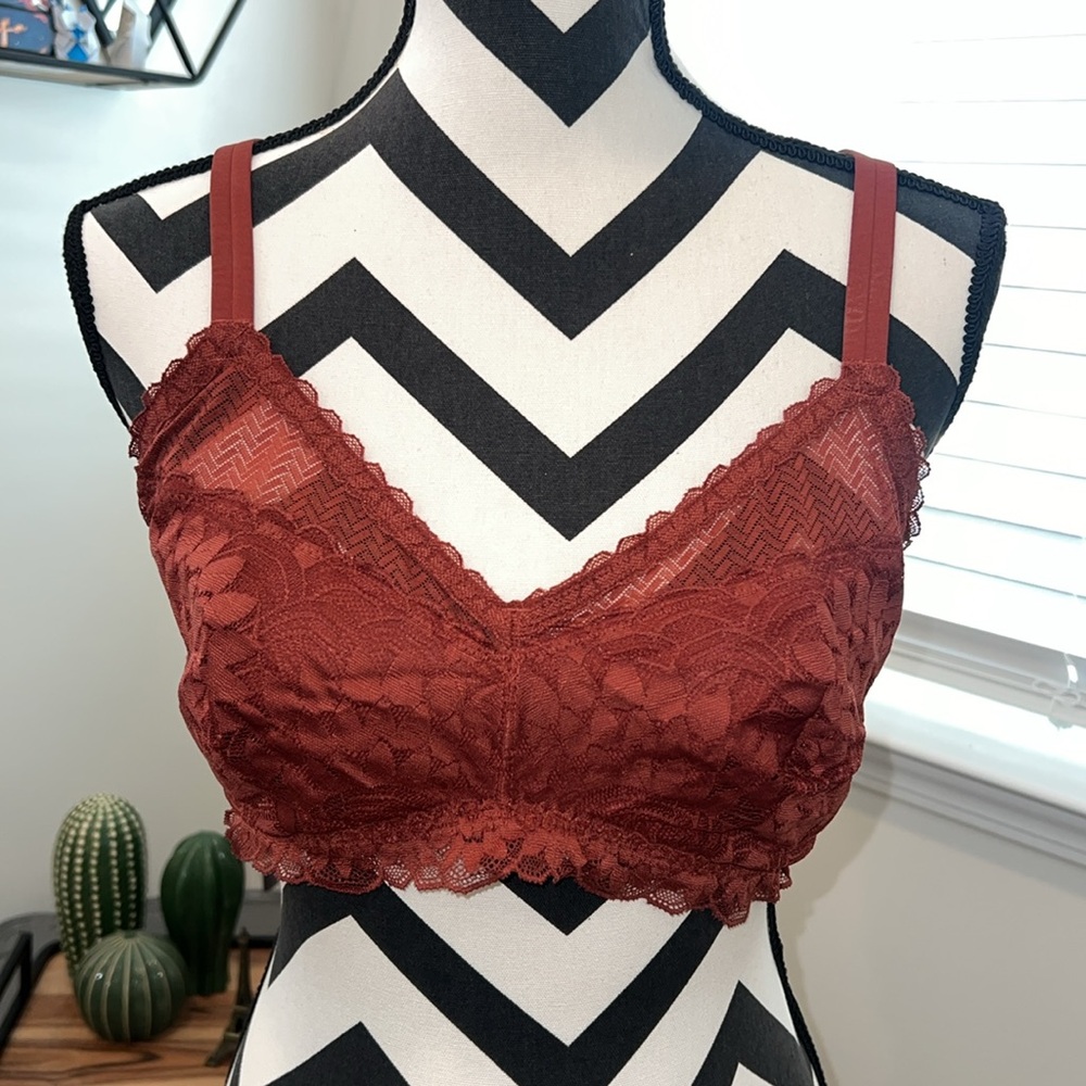 Aerie Adventure Lace Strappy Triangle Bralette Burgundy Rust